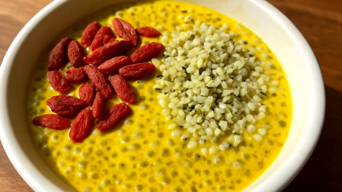 Kurkuma-Kokos-Chia-Pudding mit Goji-Beeren und Hanfsamen"