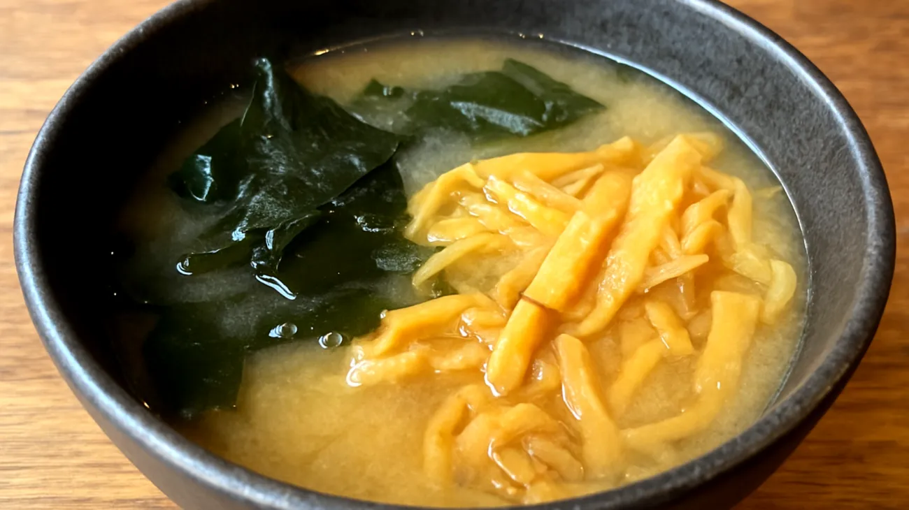 Miso-Suppe mit Wakame-Algen und fermentiertem Gemüse"