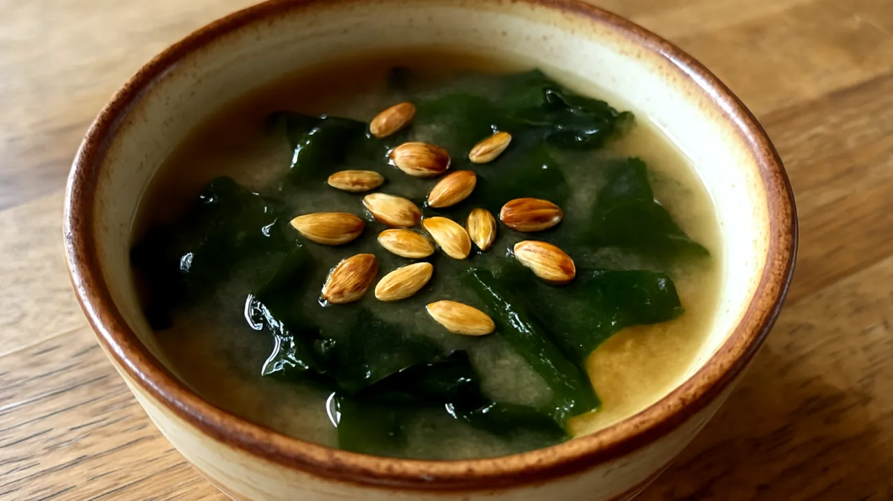 Miso-Suppe mit Wakame-Algen und gerösteten Kürbiskernen"