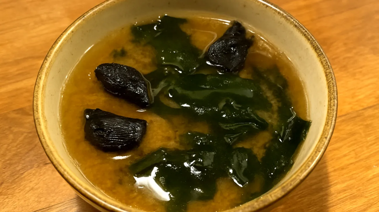 Miso-Suppe mit fermentiertem schwarzen Knoblauch und Wakame-Algen"