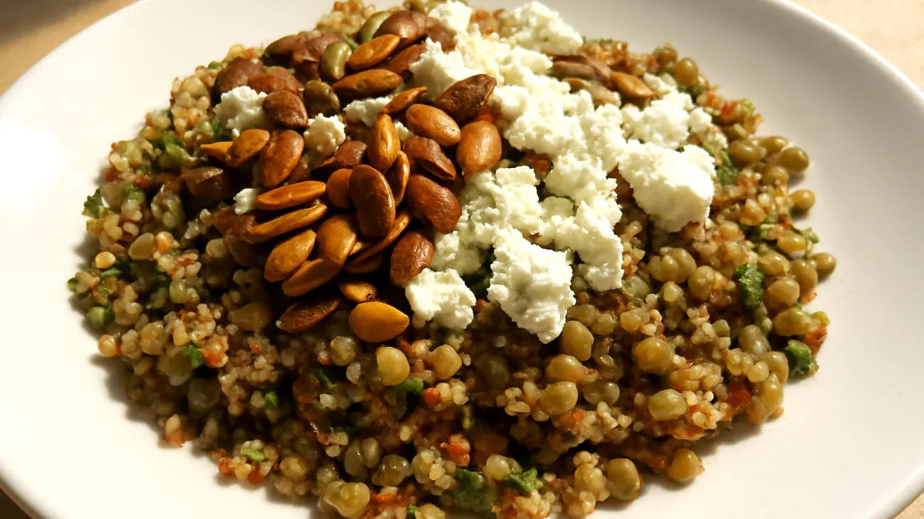 Quinoa-Linsen-Salat mit gerösteten Kürbiskernen und Ziegenkäse"